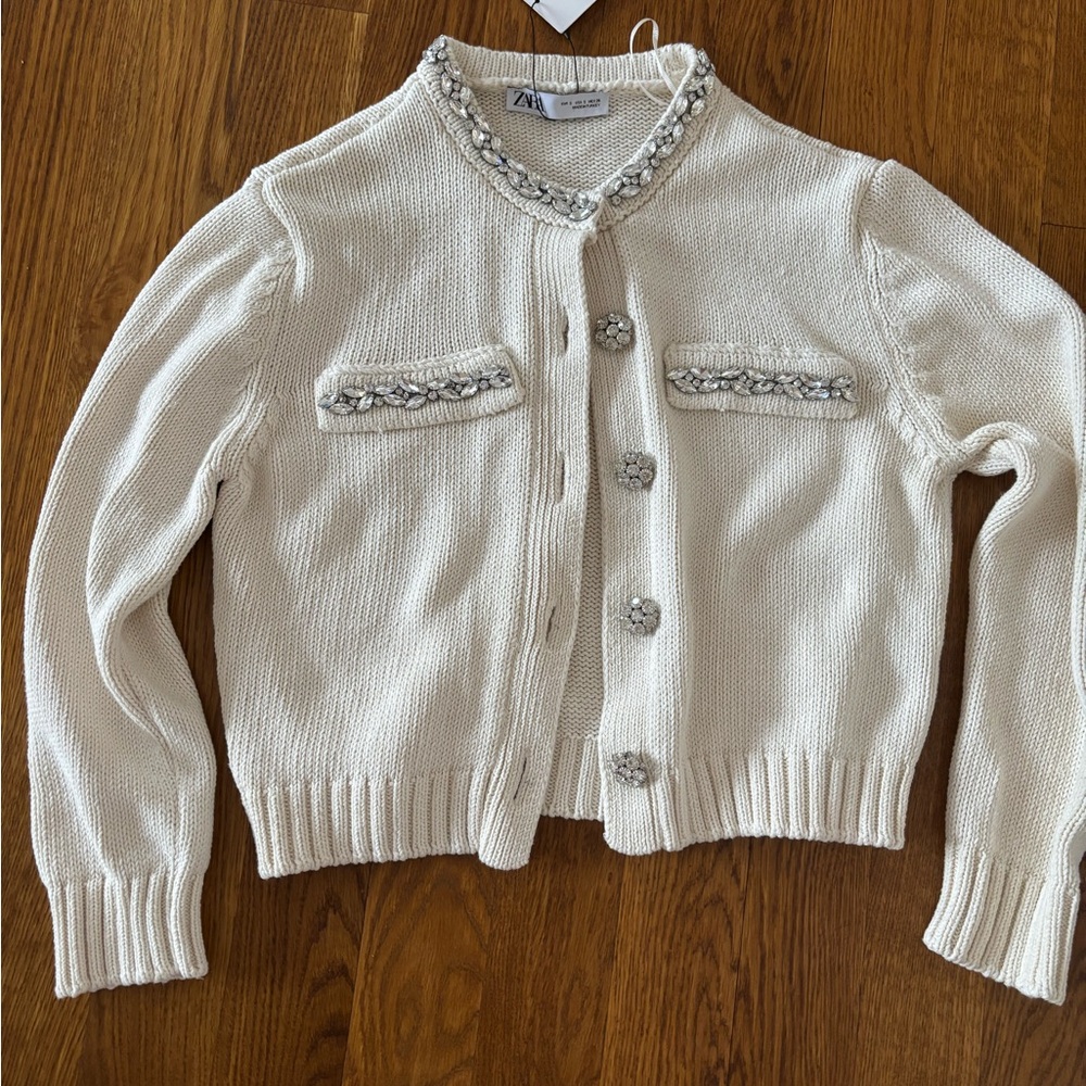 Zara Cream Cardigan Sweater with Embellished rhinestone Neckline size small